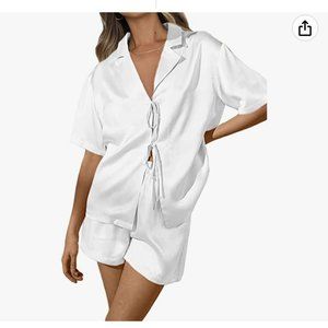 Brand New Silk Satin Pajamas Two Piece Set Tie Front